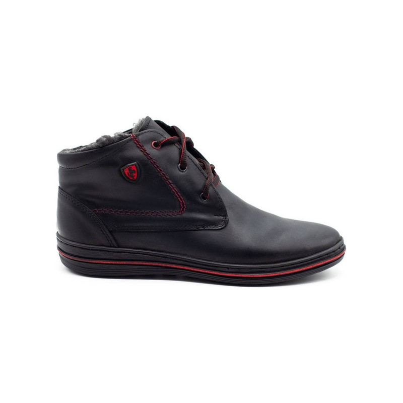 Czarne buty zimowe Polbut ze skóry sznurowane w stylu casual