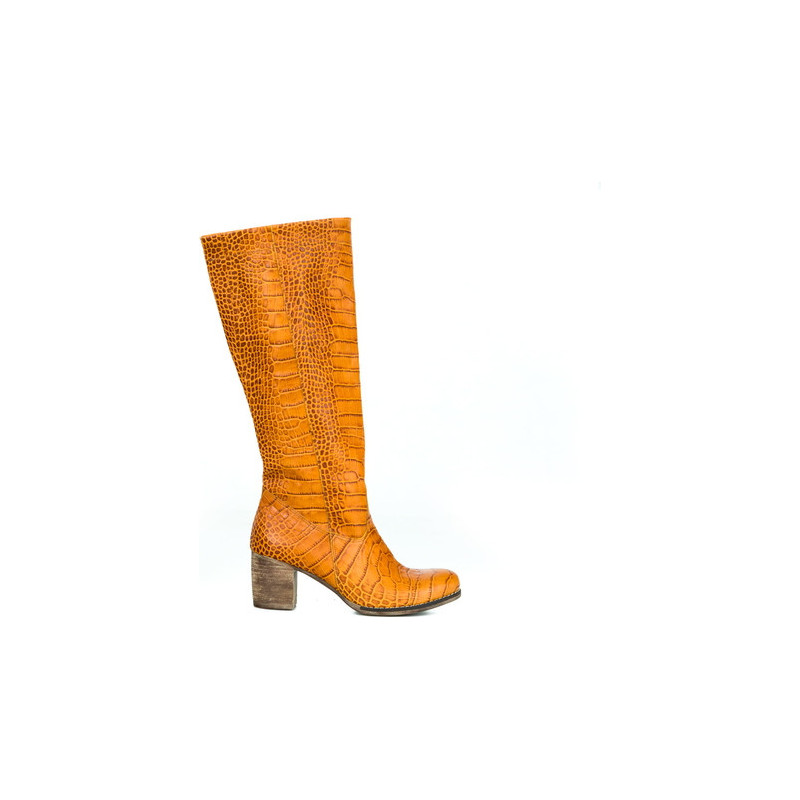 Pomarańczowe kozaki Zapato w stylu boho ze skóry przed kolano