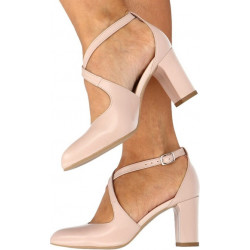 Różowe czółenka Kotyl z klamrami na średnim obcasie na obcasie