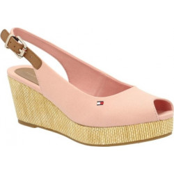 Różowe espadryle Tommy Hilfiger ze skóry na koturnie z klamrami