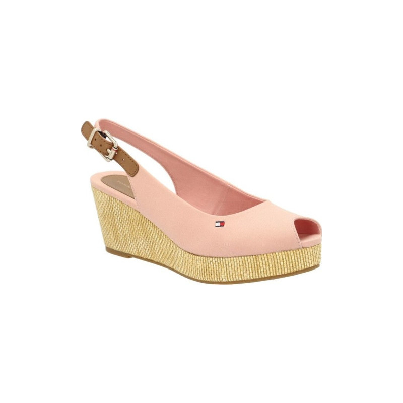Różowe espadryle Tommy Hilfiger ze skóry na koturnie z klamrami